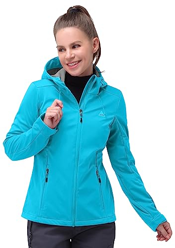 33,000ft Damen Softshelljacke Wasserdichte Winddichte Funktionsjacke Atmungsaktive Übergangsjacke Leichte Fahhradjacke mit Kapuze Windbreaker zum Laufen, Radfahren, Wandern，Himmelsblau 44
