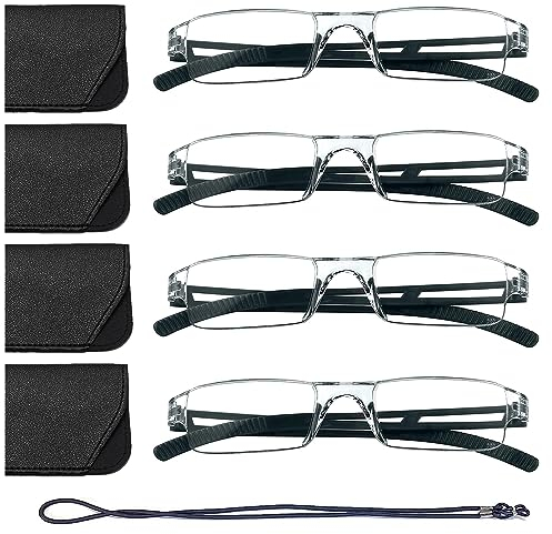 Hubeye 4er-Pack Rahmenlose Lesebrille schwarze Leicht und Bequem Anti Blaulicht Lesehilfe für Damen Herren mit Brillenholster 2.50