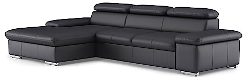 CAVADORE Echtleder-Eckcouch Valerie mit XL-Longchair / Ecksofa mit Kopfteilverstellung, großem Longchair + Metallfüßen / 286 x 73 x 174 / Leder Schwarz
