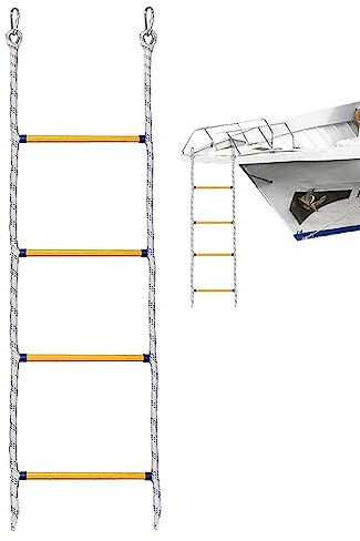 Dirfuny 4 Step Boat Rope Ladder, Nylon Rope Boat Ladder Portable for Adults, Lightweight Foldable Stainless Steel Climbing Ladder with 2 Hooks for Canoe, Kayak, Pickup Box, Boat