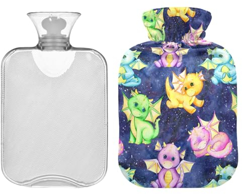 ZZXXB Bunte Wärmflasche mit schönem Drachen-Motiv, mit Fleece-Bezug, PVC-Wärmbeutel, 2 Liter