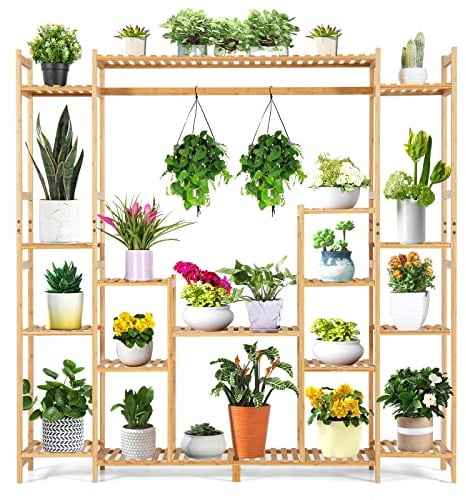 RELAX4LIFE Blumentreppe 9-stufig, Blumenregal mit Hängestange, Pflanzenständer aus Bambus, Pflanzenregal für Innen, Blumenständer für Wohnzimmer, Balkon und Büro, 167 x 30 x 166 cm