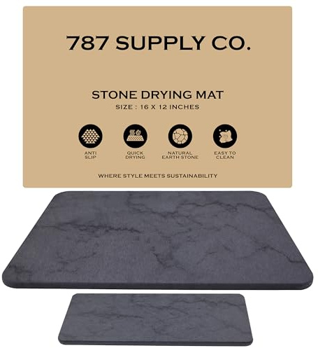 J.B Large Stone Drying Mat for Kitchen Counter - Quick Dry Stone Mat with Sink Caddy, Ultra Absorbent Dish Drying Stone for Kitchen Counter and Bathrooms, 16 x 12 Inch (Dark Gray/Black Marble Finish)