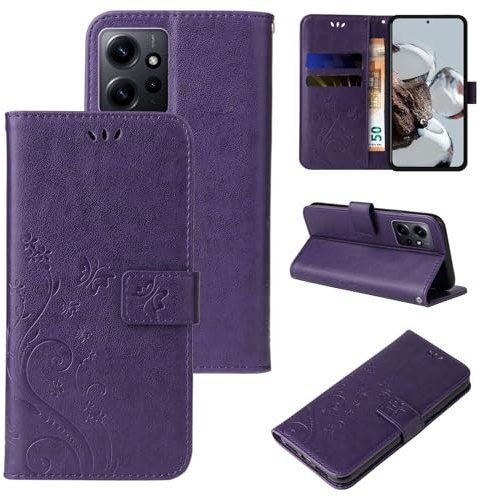 LBH Handy Hülle für Xiaomi Redmi Note 12 Case Handytasche Schmetterling Blumen Flower Standfunktion Schutzhülle Magnet Rundum Schutz 360 Grad Flipcase Cover Violett