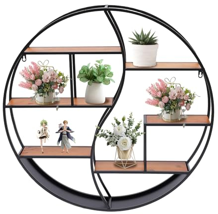 HINOPY Rundes Wandregal, 80cm Vintage Metallregal Lagerregal Schweberegal Hängeregal mit 6 Ablagen für Deko Wohnzimmer, Schwarz
