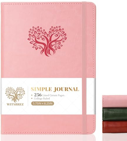 Witsbrez Liniertes Tagebuch, Notizbuch für Damen und Herren, A5, College-Notizbücher für Arbeit und Reisen, 256 Seiten, Hardcover, Leder-Tagebücher zum Schreiben, Notizen, 14 x 22 cm, Rosa