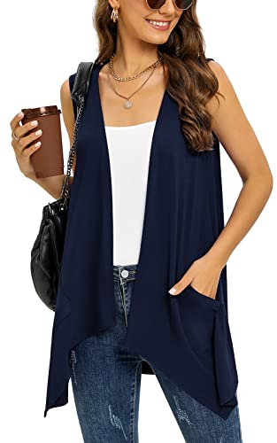 Navy Blue Sleeveless Cardigan Vest for Women Plus Size Lightweight Summer Jacket with Pocket Fashion Casual Work Knit Open Front Long Drape Duster,XXL