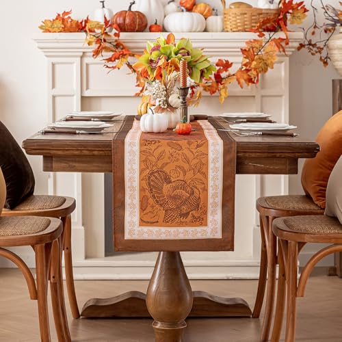 Romanstile herbstlicher Tischläufer 40x180 cm Kürbis Truthahn Herbst Muster Gelb und Beige Tischband Tischstreifen Deko für Halloween,Erntedankfest,Oktoberfest,Familienessen Dinnerpartys,Thanksgiving