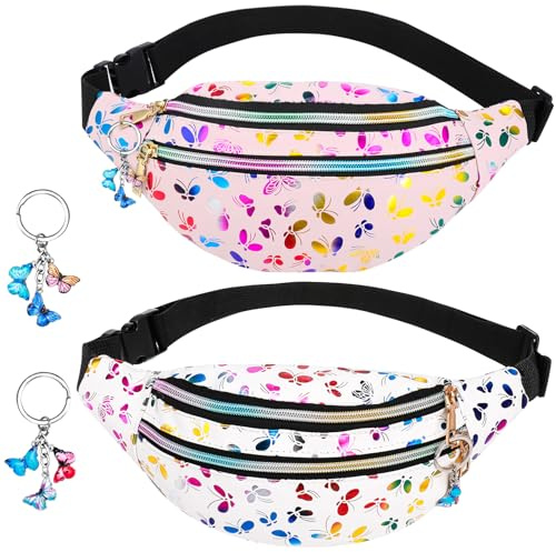 patinadrift 2 Stücke Bauchtasche Mädchen Glitzer Bauchtasche Kinder Schmetterlingsdruck Mode Gürteltasche Kinder Verstellbarer Hüfttasche mit Schmetterling Schlüsselanhänger für Wandern(Weiß+Rosa)