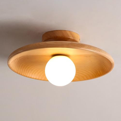 Jadssox Plafonnier en Bois Globe Semi-encastré plafonnier Moderne Couloir luminaire Rond en Bois près du plafonnier avec Boule de Verre Blanc pour entrée Couloir loft