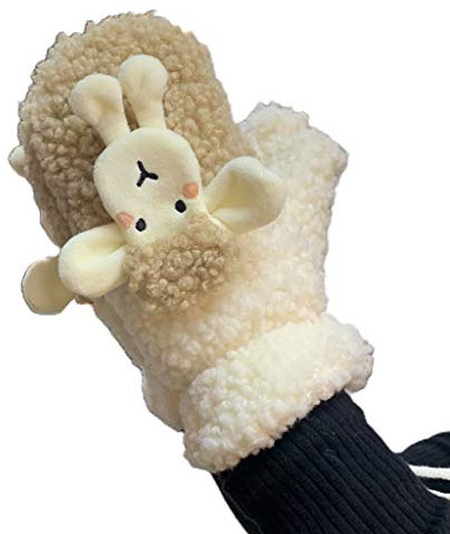 Watreketal Handschuhe,Damen Winterhandschuhe aus Kunstfleece mit 3D-Cartoon-Schaf-Tierfell-Plüschfutter, thermische, winddichte Fäustlinge, Handwärmer mit Schnur