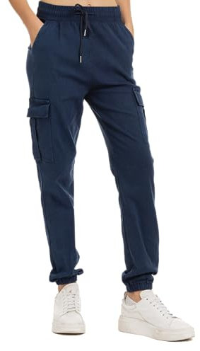 TONY BACKER Pantaloni Donna Cargo Jogger Larghi Elasticizzati Sportivi con Coulisse Tasconi Casual Jogging Ginnastica VA107 (IT, Testo, L, Regular, Regular, Blu)