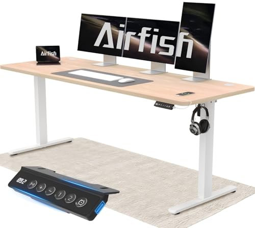 Airfish Höhenverstellbarer Schreibtisch 160x70cm mit USB-Buchse, Schreibtisch Höhenverstellbar Elektrisch mit Memory Funktion, 73-118cm,Beige