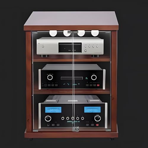 YQMHEZ Boden-Audio Rack HiFi Regal, Phonoschrank mit 4 Ebenen, Audio-Rack-Turm for Entertainment-Stereokomponenten, Record Player Stand mit gehärteter Glastür, for Ecken und kleine Räume(Brown,24x21.