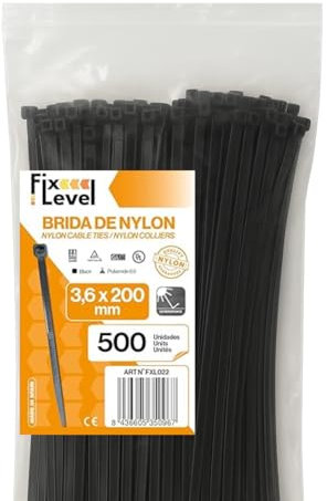 Set De Bridas Negras - Fix Level - Bridas De Plastico Muy Resistentes - Abrazaderas Plastico Para Sujetar Cables Y Esconder Cables - Organizador De Cables Y Sujeta Cables 3,6 X 200/500 Unidades