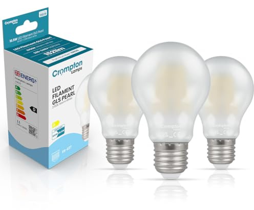 Crompton Lamps Filament GLS LED Light Bulb ES-E27 | 10.5W = 100W Equivalent | Warm White 2700K | Energy Efficient | Edison Screw Lightbulb | Long Life 15,000-Hrs | Pearl Glass | 3-Pack