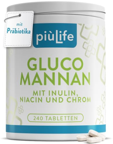 Glucomannane de Konjac Titré 95% PiùLife – 240 Comprimés | 4000 mg Avec Inuline et Niacine, Chrome, Glucomannane Pur, Fibres Végétales, 36.000 mPas, Soutien au Métabolisme Équilibré