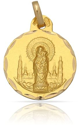 Minoplata Medalla Religiosa Virgen del Pilar, Plata de Ley 925 Chapada en Oro, 17mm, Circular, Borde Tallado, con Argolla
