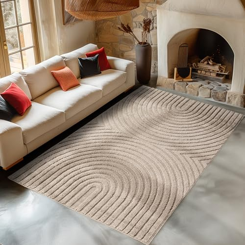 Carpetsale24 Wohnzimmer Teppich 160x230 cm Beige Hochflor Skandi Boho Design Hoch-Tief Effekt Weicher Shaggy Langflor Flauschig Robust Pflegeleicht Modern für couchtisch