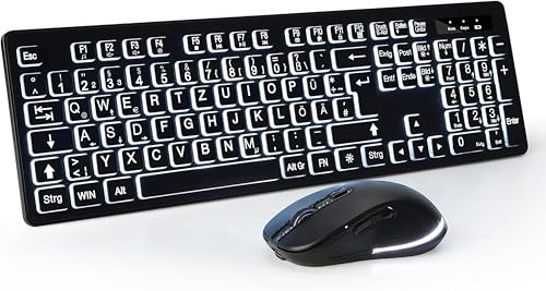 DHKBL Großdruck Kabellose Computertastatur & Maus Set – DE Vollformat-Tastatur mit weißer Hintergrundbeleuchtung, 2,4-GHz, wiederaufladbar Tastatur & Maus für Büro, Homeoffice & Windows PC (QWERTZ)