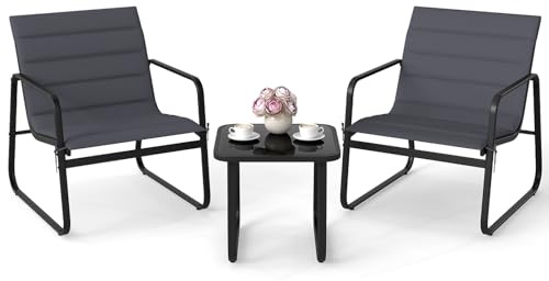 COSTWAY Ensemble Bistrot pour Patio 3 Pièces avec Plateau en Verre Trempé | Salon de Jardin en Métal avec Chaises à Sièges Respirants et Coussins Amovibles pour Patio Véranda