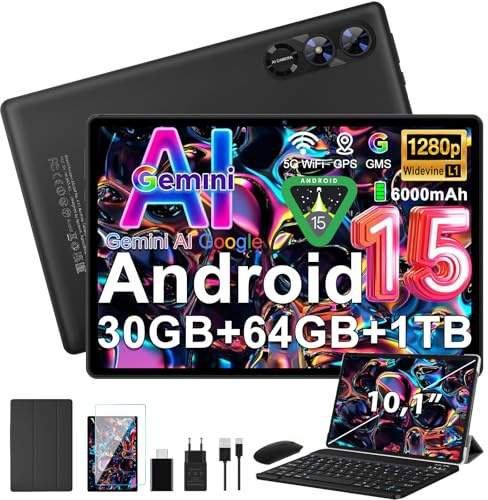 fezawio Android 15 Tablet 10 Pulgadas Gemini AI, Tablet PC Octa-Core, 30 GB RAM + 64 GB ROM (1TB TF), 3.5mm Audio/GMS/WiFi 6 & BT 5.0 / 6000mAh / GPS/Widevine L1, Tableta con Teclado-Negro