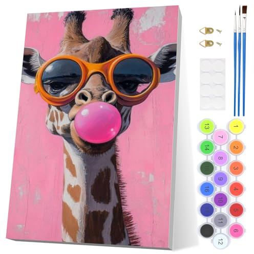 EOBROMD Jirafa Pintar por Numeros Adultos, Animales Locos Pintura por Numeros con Marco, Kit de Pintura al óleo de Lienzo DIY para con Pinceles, Pigmento Acrílico, Decoración para el Hogar 20x30cm