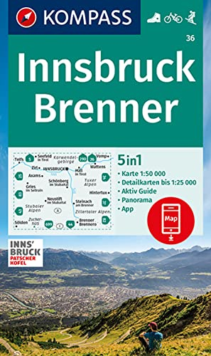 KOMPASS Wanderkarte 36 Innsbruck, Brenner 1:50.000: 5in1 Wanderkarte mit Panorama, Aktiv Guide und Detailkarten inklusive Karte zur offline Verwendung in der KOMPASS-App. Fahrradfahren. Skitouren.