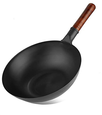 Wok de hierro fundido, woks hechos a mano y sartenes agitadoras con mango de madera, parte inferior plana, antiadherente, 33 cm, duradero (33 cm, Wok de acero al carbono de fondo plano)