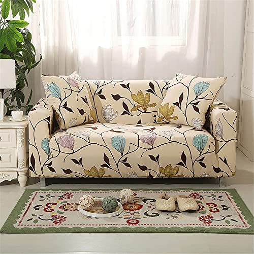 Elastisch Sofa Überwürfe Sofabezug, Morbuy Eleganter Jacquard Ecksofa L Form Stretch Antirutsch Armlehnen Sofahusse Abdeckung für Sofa Couchbezug Sesselbezug (4 Sitzer,Beige-Blume)