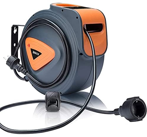 BAKAJI Avvolgicavo Elettrico con Cavo 15 mt Presa Shucko Fissaggio a Parete Muro Sistema Blocco Automatico, Salvaspazio Accessorio Avvolgitubo Prolunga Elettrica Professionale e Fai da Te