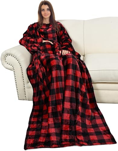 Catalonia Classy Coperta in Pile con Maniche, Micro Peluche Morbido Coperta da Indossare, soffice Coperta, Plaid Maniche per Uomini, Donna, Fidanzata, Moglie, 185 x 130 cm, Regalo, Rosso Scozzese