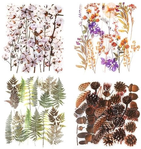 NogaMoga 80 Stück Getrocknete Blumen und Pflanzen Stickers, Kiefernzapfen Farn Baumwolle Aufkleber Set Groß Vinyl Wasserdichte Scrapbook Aufkleber für Planer, Journaling, Handgemachte Karten, Laptop