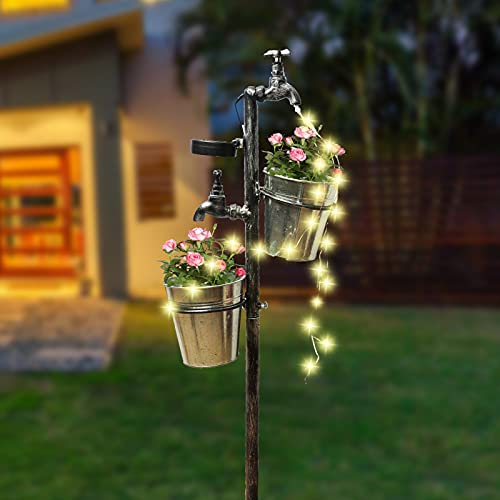 MorTime Robinet solaire de jardin avec deux jardinières, lumières LED qui coule l'eau rétro en métal robinet de cour support de plantes d'extérieur pots de fleurs pour décoration de jardin de pelouse