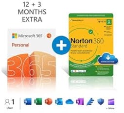 Microsoft 365 Personal | 15 month subscription | 1 person | Word, Excel, PowerPoint | 1TB OneDrive cloud storage + Norton 360 Standard | 1 device | Online Security | PC/Mac | Activation required