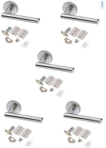 Golden Grace T-Bar Door Handle Lever On Round Rose Furniture in Polished Chrome Finish with Latch & Hinges - 5 Sets