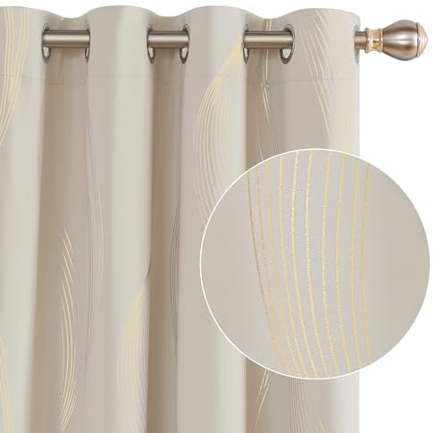 Deconovo Blackout Eyelet Curtains Thermal Insulated Gold Wave Line Foil Printed Curtains for Bedroom 66x72 Inch Beige 2 Panels