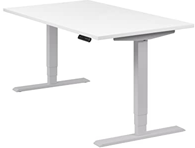 boho office® höhenverstellbarer Schreibtisch 140 x 80 cm - Elektrisch stufenlos, 2 Motoren, 3-Fach Teleskop, Memoryfunktion, inkl. Wireless Charger - Homedesk Silber inkl. Tischplatte in Weiß