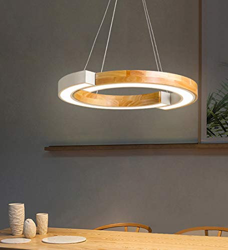 Pendelleuchte Holz LED Esstisch, Hängeleuchte Esszimmer, Holzlampe Rund, Weiß Metall Acryl Schirm, Kronleuchter Einstellbar für Wohnzimmer Studie Küchen bar Modern Ring Deko beleuchtung, L48cm (6000K)
