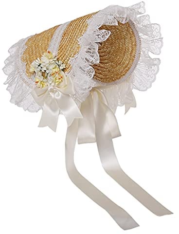 COSDREAMER Femme Chapeau de Soleil Style Victorien avec nœuds en Paille Rouge Tea Party Sun Cap (Blanc)