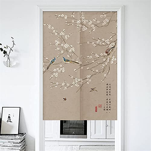 Hiseng Chinese Tradition Flower and Bird Painting Doorway Curtain, Japanese Noren for Home Decoration, Cafe Bedroom Kitchen Restaurants Partition Half-door Curtain (Thrush,85x150cm)