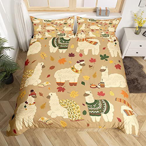 richhome AlpacaName Bettwäsche-Set,Kavaii Tiere mit Pullover Bettwäsche Set 200x200cm,Ahorn-Blätter des Herbstes Betten Set für Kinder Jungen Mädchen Teenager 3St.Reißverschluss Mikrofaser