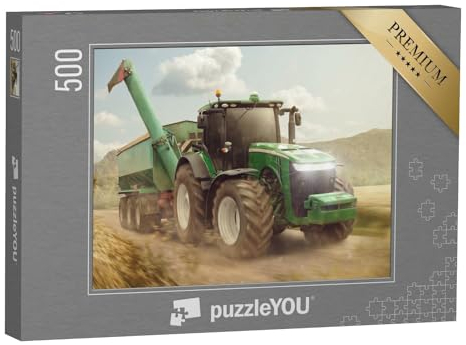 puzzleYOU: Puzzle 500 Teile „Traktor mit Anhänger auf einem Feldweg neben einem Getreidefeld“ – aus der Puzzle-Kollektion Traktoren