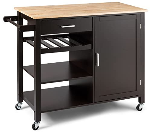 TANGZON Kitchen Island on Wheels, Rolling Kitchen Storage Trolley with Cabinet, Oak Wood Worktop, 2 Shelves, Wine Rack, Adjustable Shelf, Drawer & Towel Rack, Utility Serving Cart Sideboard (Brown)