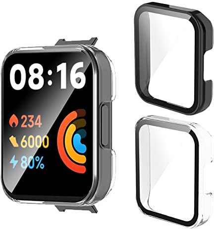 Aerku Funda para Xiaomi Redmi Watch 2 Lite, 9H HD Anti-Choque Parachoques Anti-rasguños Protector Duro PC Marco Cristal Templado Protector de Pantalla Funda - Transparente&Negro