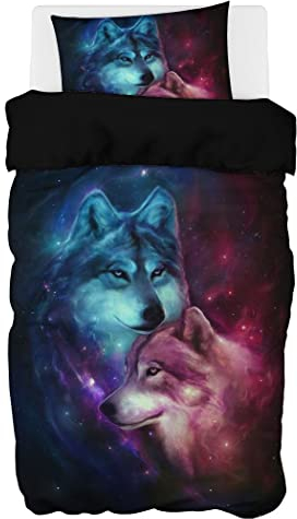 Zomer - Wolf Bettwäsche 135x200 cm Galaxis Microfaser Bedruckte Bettwäsche-Sets 2 teilig - 1 Flauschige Bettbezug und 1 Kissenbezug 80x80 cm
