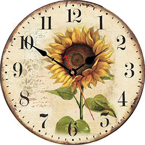 VIKMARI 30 cm Wanduhr Holz Wanduhr Vintage Küchenuhr Wanduhr Landhausstil Retro Blumen Stil Sonnenblume Dekoration Quarzwerk Analoge Wanduhr Stille für Küche Wohnzimmer Schlafzimmer Büro Schule