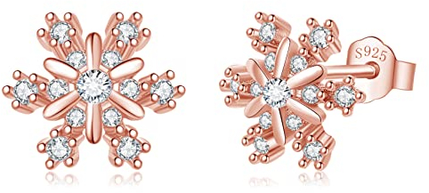Deyanse Silber Weihnachten Ohrringe Damen, 925 Sterling Silber Weihnachts Ohrstecker, Rose Gold Schneeflocke Ohrstecker Ohrringe mit Zirkonia, 9mm Klein Schlafen Knorpel Ohrstecker zum Weihnachten