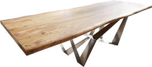 DELIFE Esszimmertisch Edge Akazie Natur 260x100 Spider Flachstahl Edelstahl Live-Edge