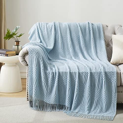 HommxJF Hellblaue gestrickte dekorative Ball-Überwurfdecken Decken für Couch, Schlafzimmer und Bürozimmer, strukturiert, lichtbeständig, weich und warm, Strickdecke mit Quaste, 127 x 152,4 cm